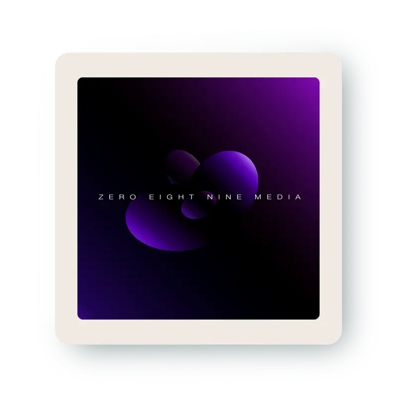 Beispiel eines alternativen Logos von Zero Eight Nine Media - schwarze, lilafarbene Töne mit breitgezogenen Firmenname
